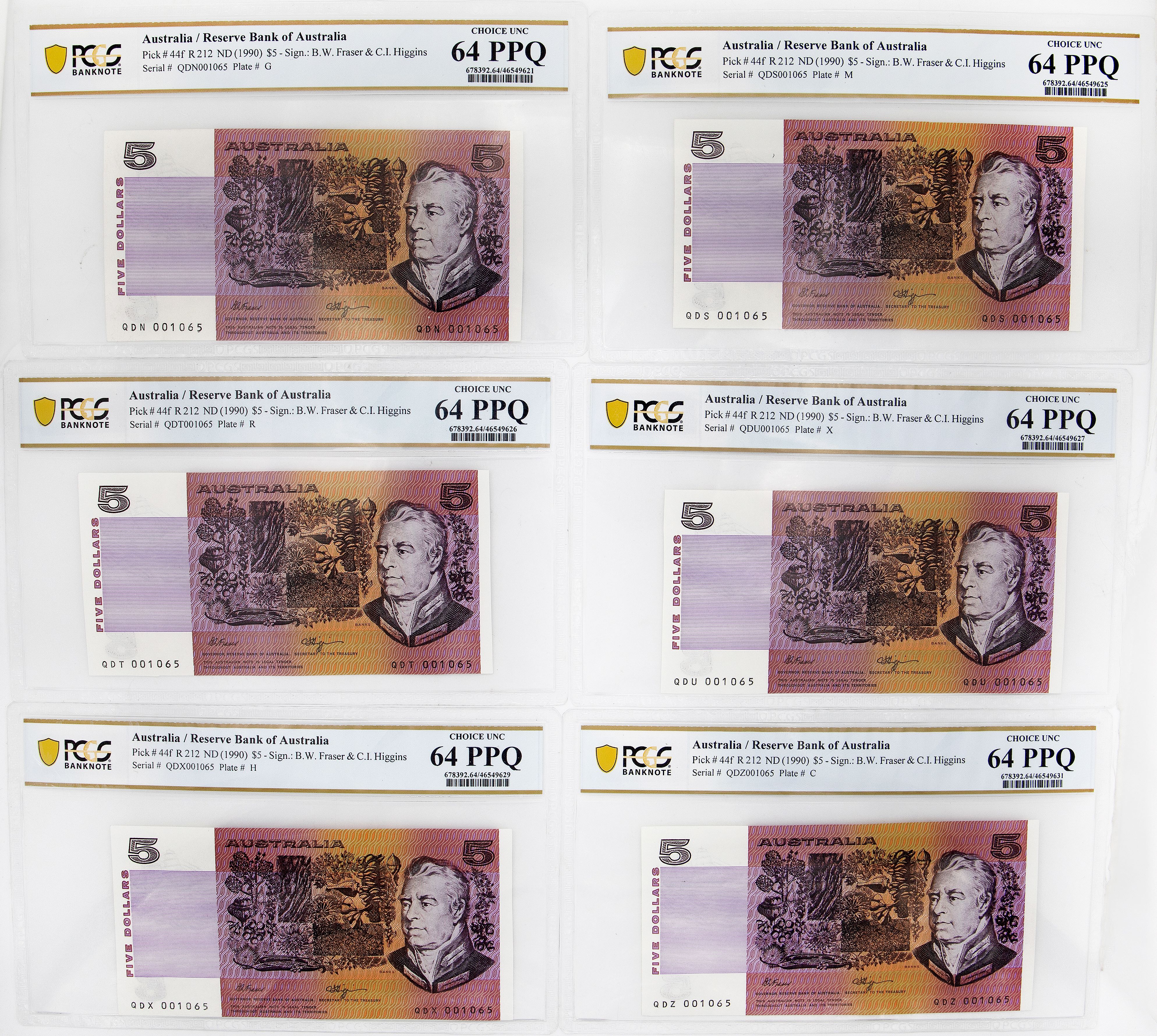 Fraser/Higgins, Group of 5 Matching Serial Numbers, Five Dollar, 1990, PCGS Choice UNC 64 PPQ