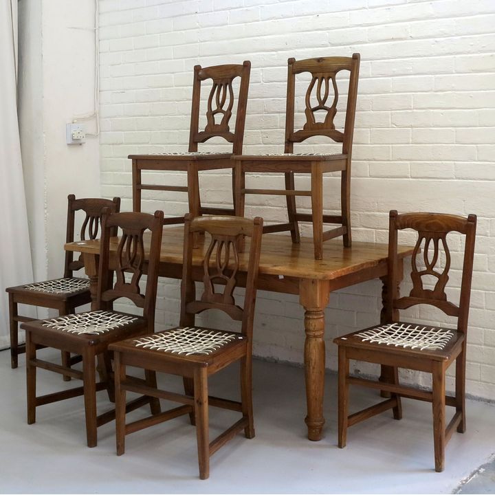 PINE DINING TABLE AND SET OF 6 CHAIRS