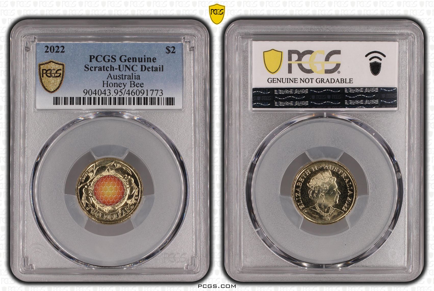 Honey Bee Colourised, Two Dollar, 2022, PCGS Genuine - UNC Details (95 - Scratch)