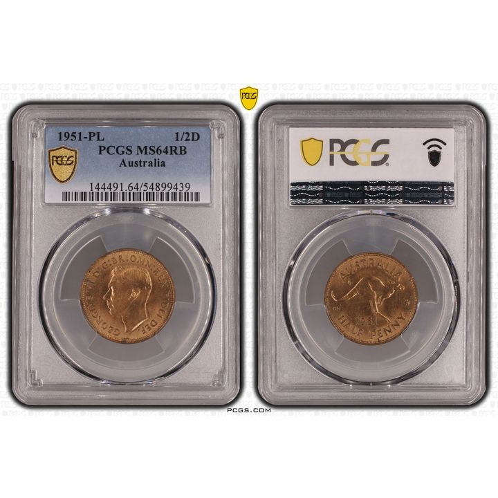 George VI, Half Penny, 1951-PL, PCGS MS64RB