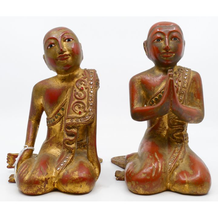 Pair Burmese Gilt Lacquered Seated Monks 8''