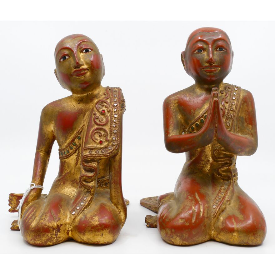Pair Burmese Gilt Lacquered Seated Monks 8''