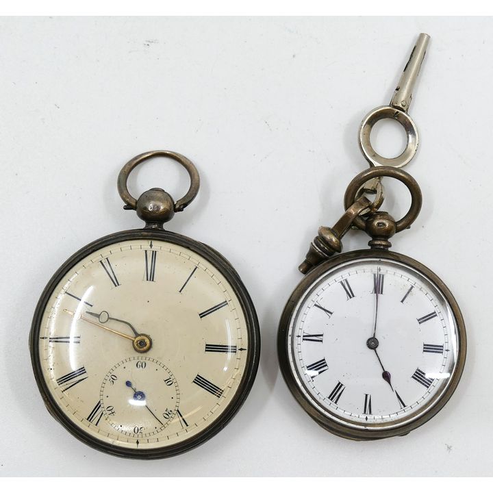 Box 2pc Antique Silver Key Wind Pocket Watches