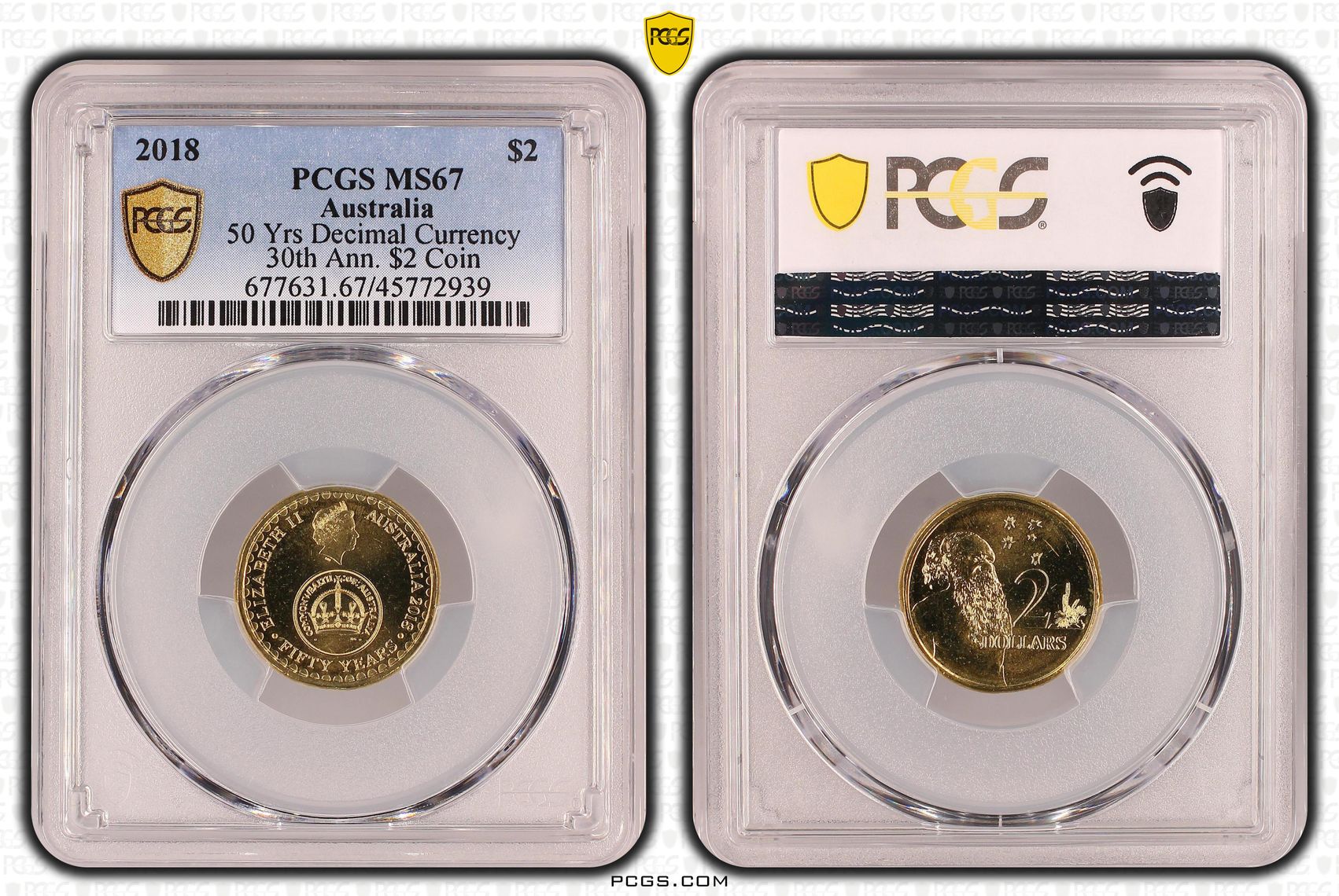 Elizabeth II, 50 Yrs Decimal Currency 30th Ann. $2 Coin, Two Dollar, 2018, PCGS MS 67