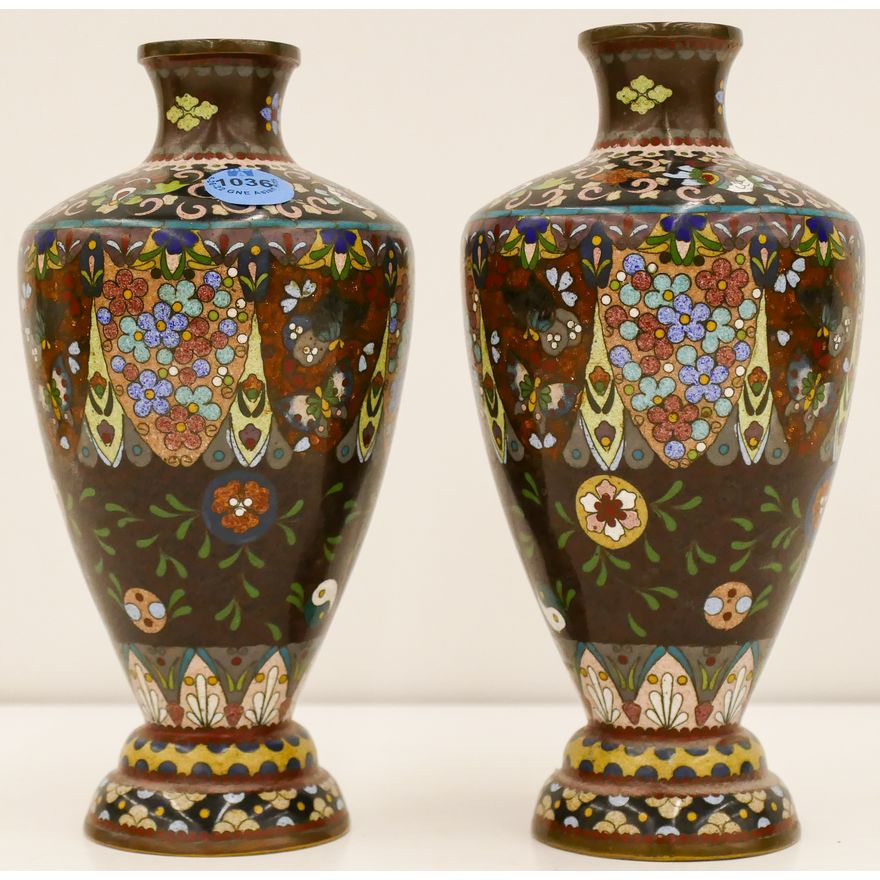 Pair Meiji Japanese Cloisonne Floral Ginbari Vases 7''