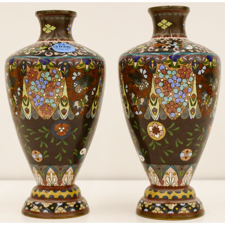 Pair Meiji Japanese Cloisonne Floral Ginbari Vases 7''