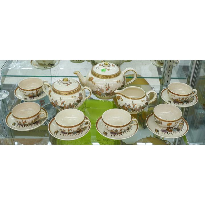 9pc Fine Japanese Satsuma Kinkozan Samurai Tea Set- chip to teapot spout