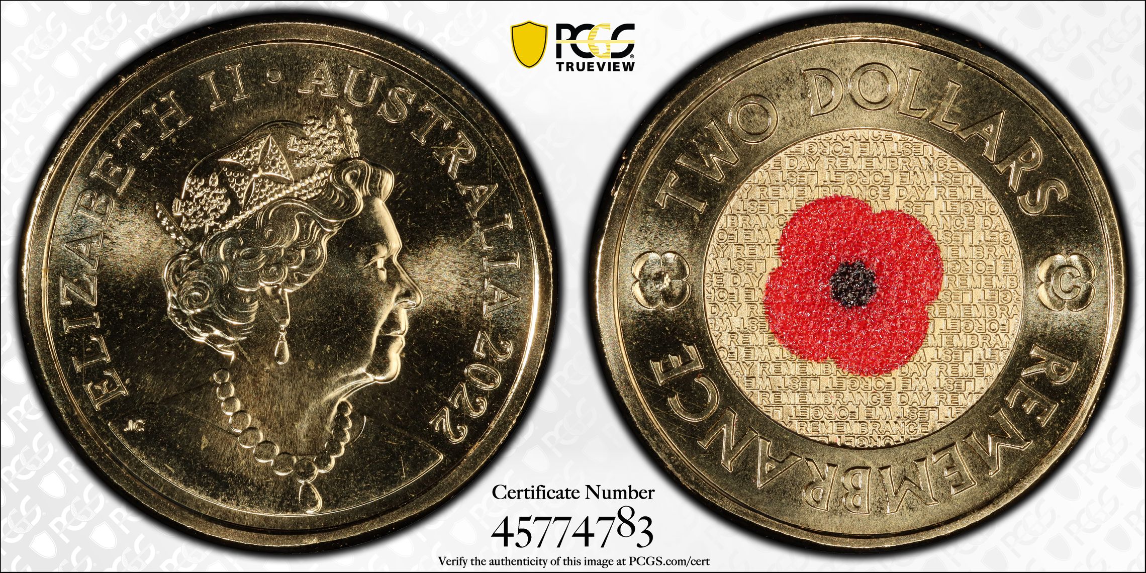Elizabeth II, Remembrance Day Colorized , Two Dollar, 2022-C, PCGS MS68