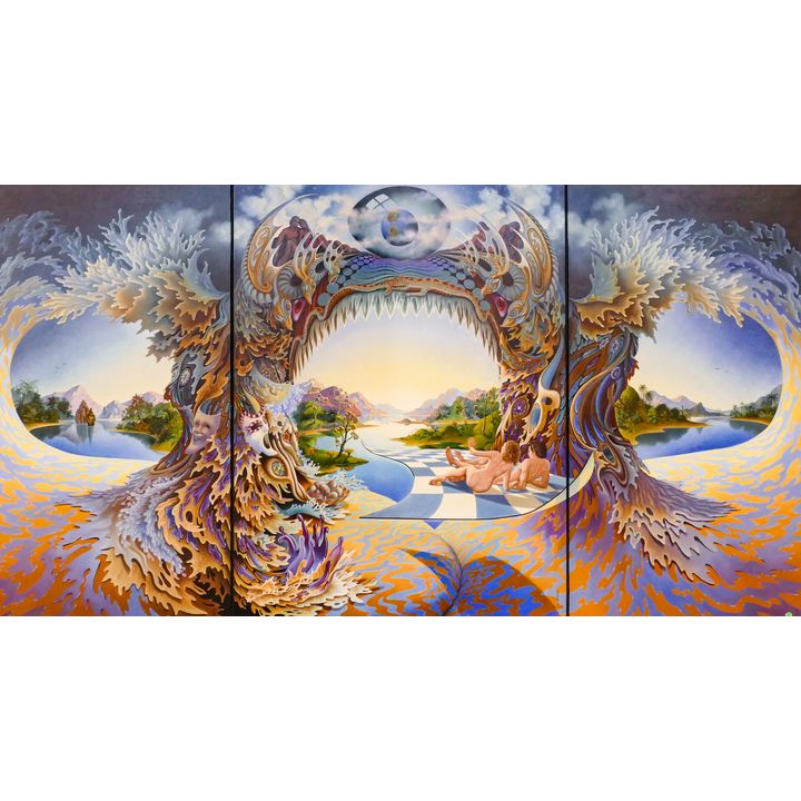 Ilene Meyer (1939-2009 Washington) 'Eden Triptych' Surrealist Oil on Canvas 1978 Framed - 49x90''