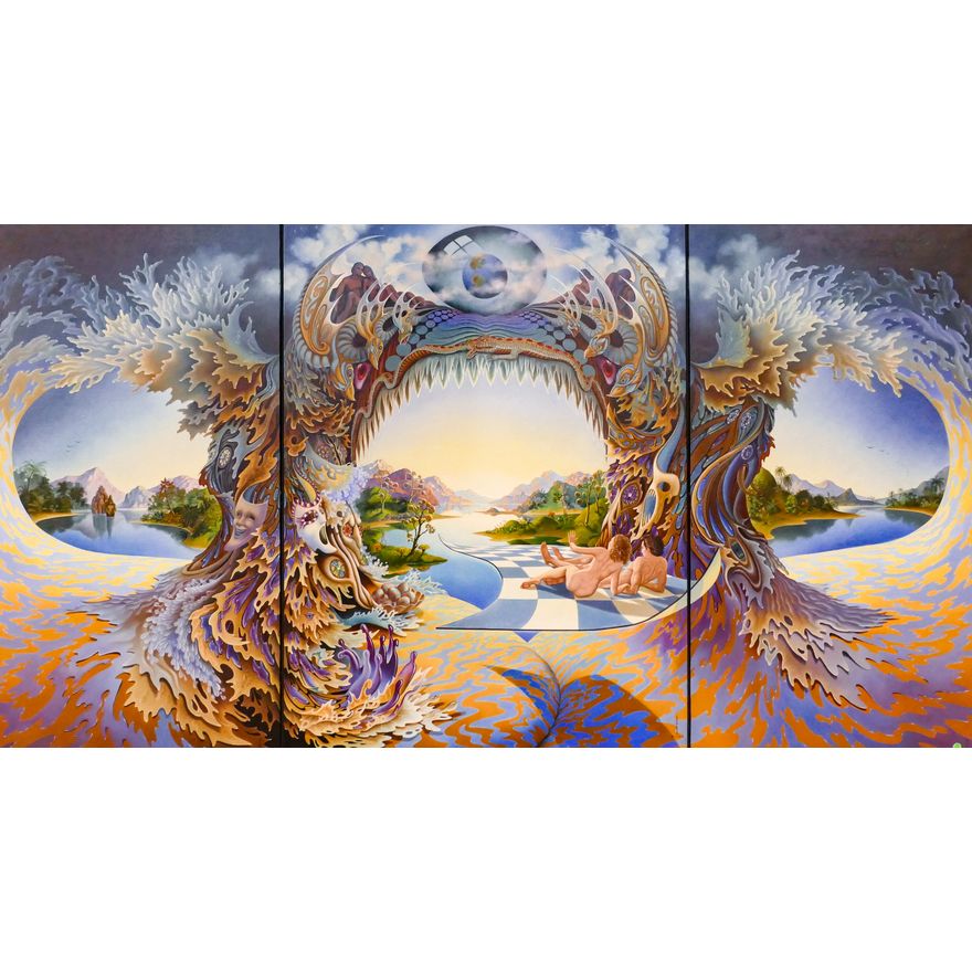 Ilene Meyer (1939-2009 Washington) 'Eden Triptych' Surrealist Oil on Canvas 1978 Framed - 49x90''