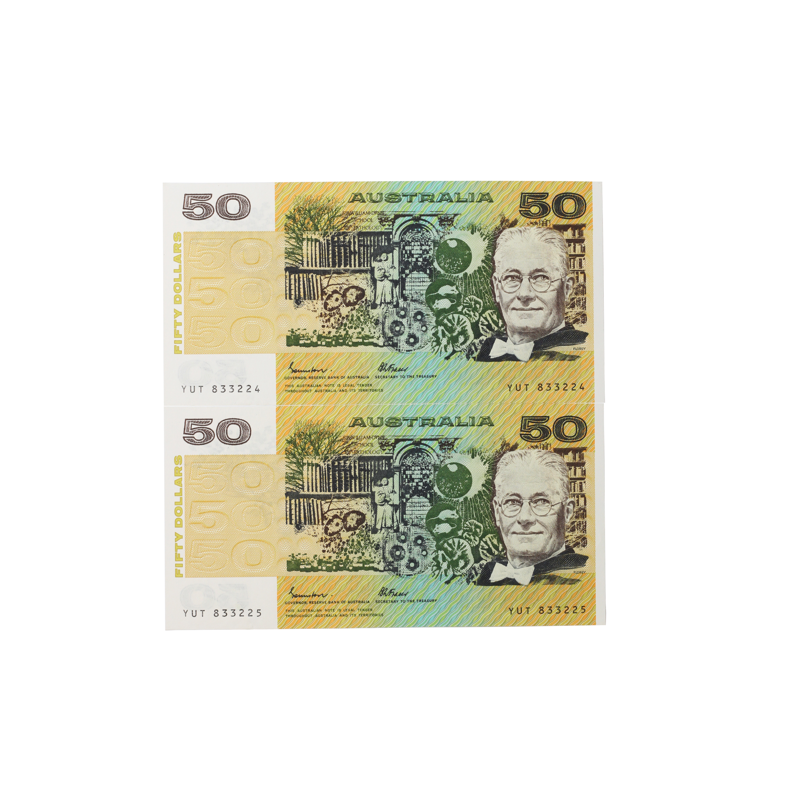 2056. · Consecutive Pair, Johnston/Fraser, Fifty Dollars, 1985, aUNC