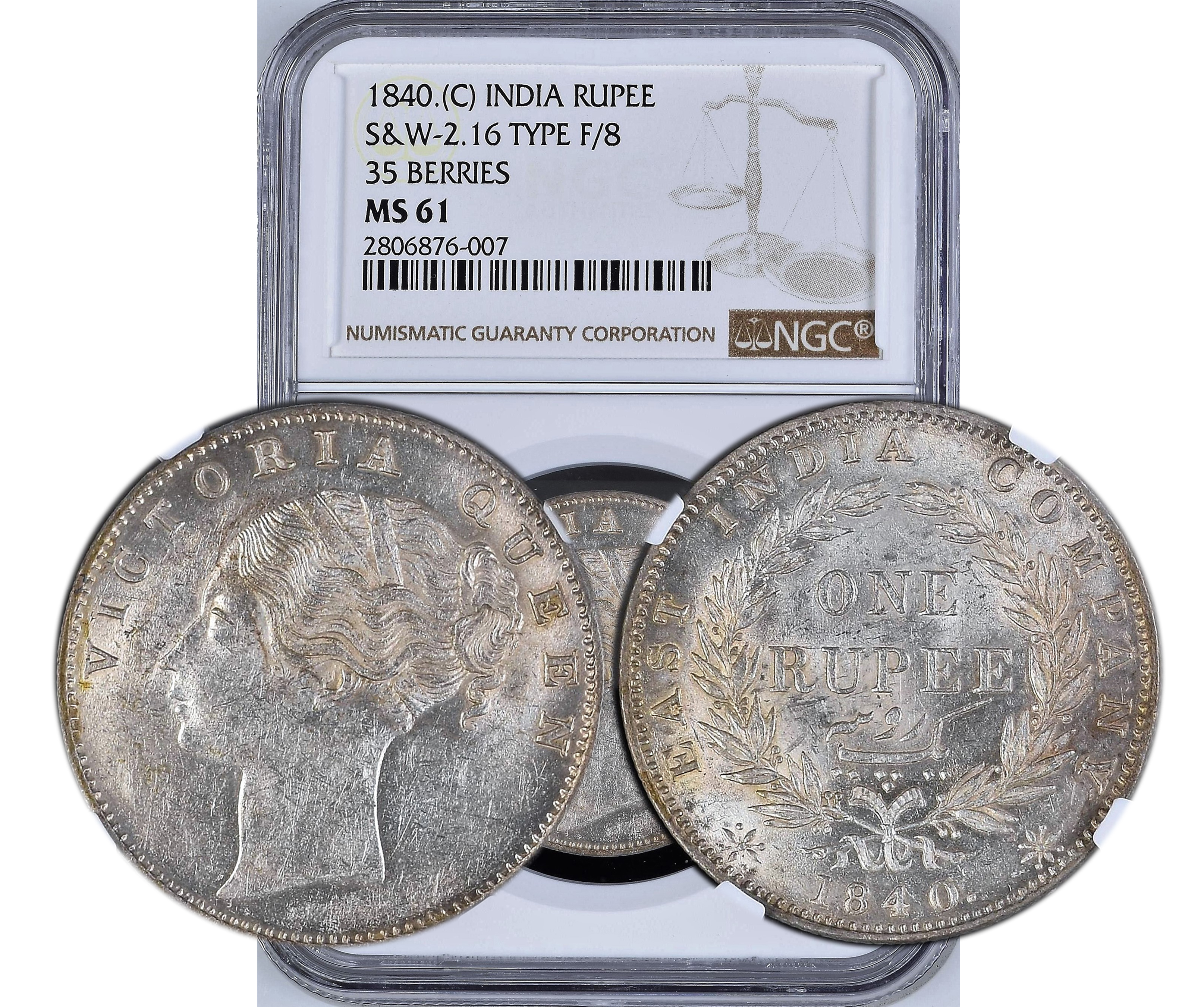 1840 C INDIA RUPEE S&W-2.16 TYPE E/8 MS61
