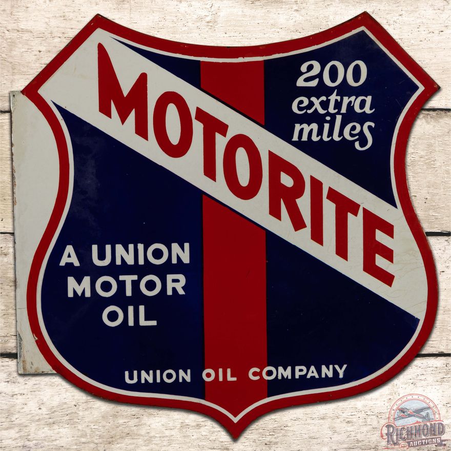 Motorite Union Oil Company Die Cut Double Sided Porcelain Flange Sign