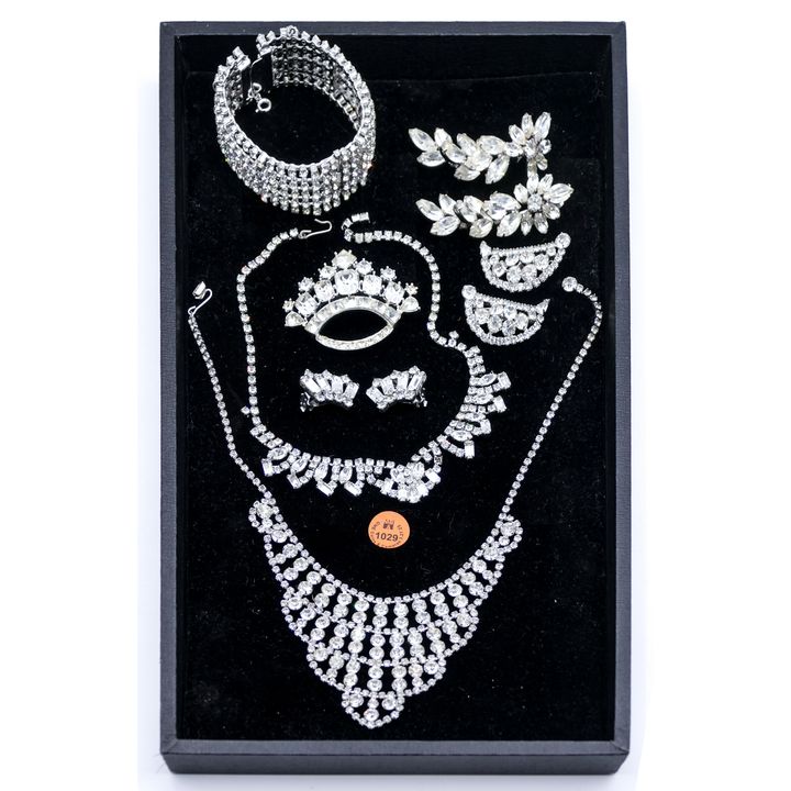 Tray of Ornate Rhinestone Costume Jewelry