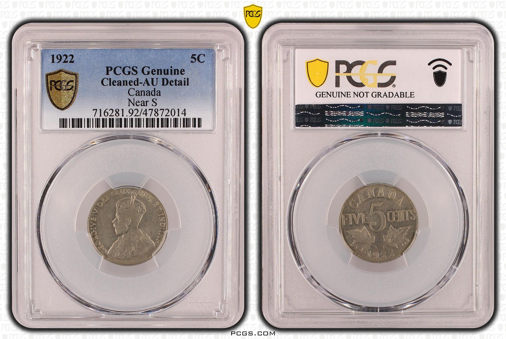 Canada, Near S, Five Cent, 1922, PCGS Genuine - AU Details (92 - Cleaned)