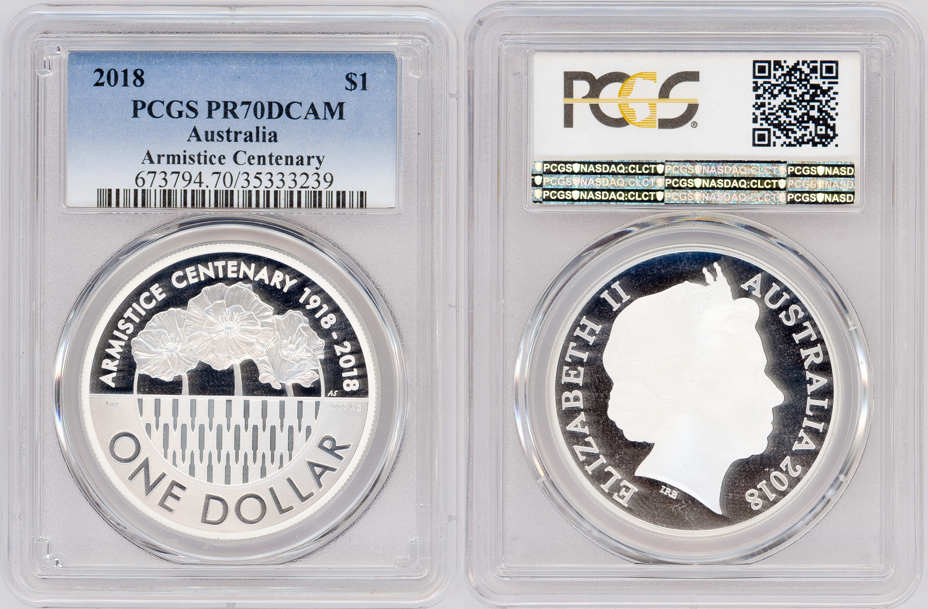 Armistice Centenary Ag POP 14/0, 1oz Silver, One Dollar, 2018, PCGS PR70DCAM