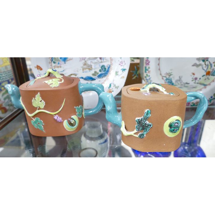 2pc Old Chinese Yixing Enameled Teapots 7'' Approx.