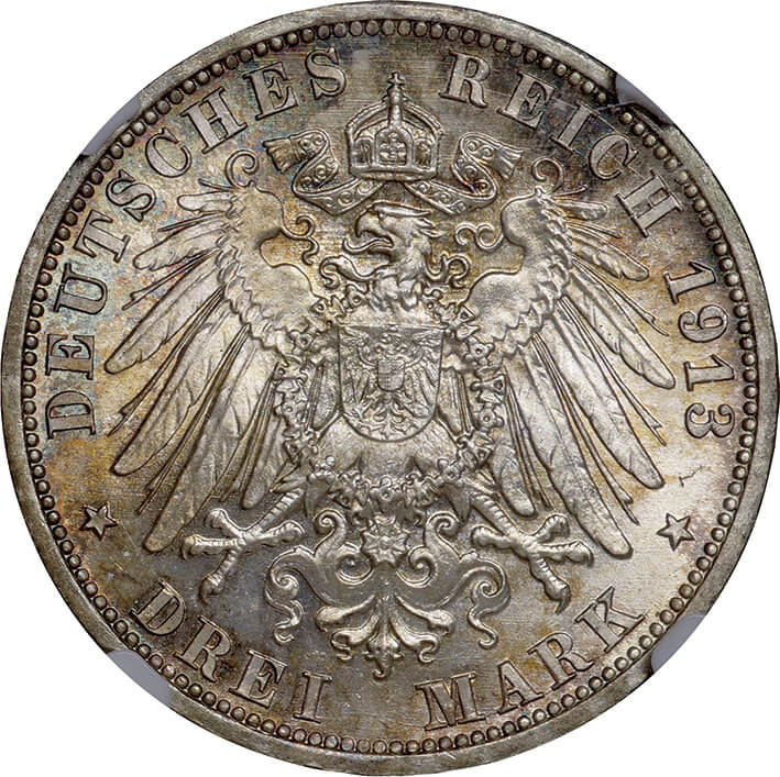 1913年 ドイツ帝国 プロイセン3マルク銀貨ウィルヘルム2世 NGC MS63