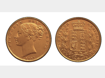 1857 VICTORIA YOUNG HEAD LONDON MINT SHIELD GOLD SOVEREIGN