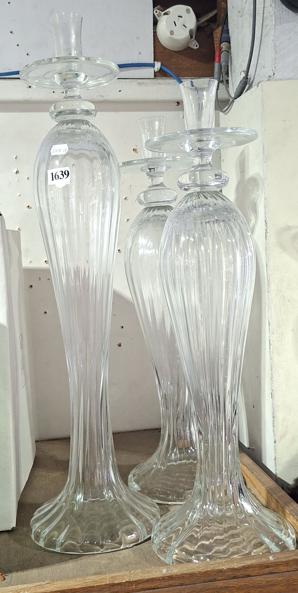 THREE MODERN GLASS CANDLE HOLDERS