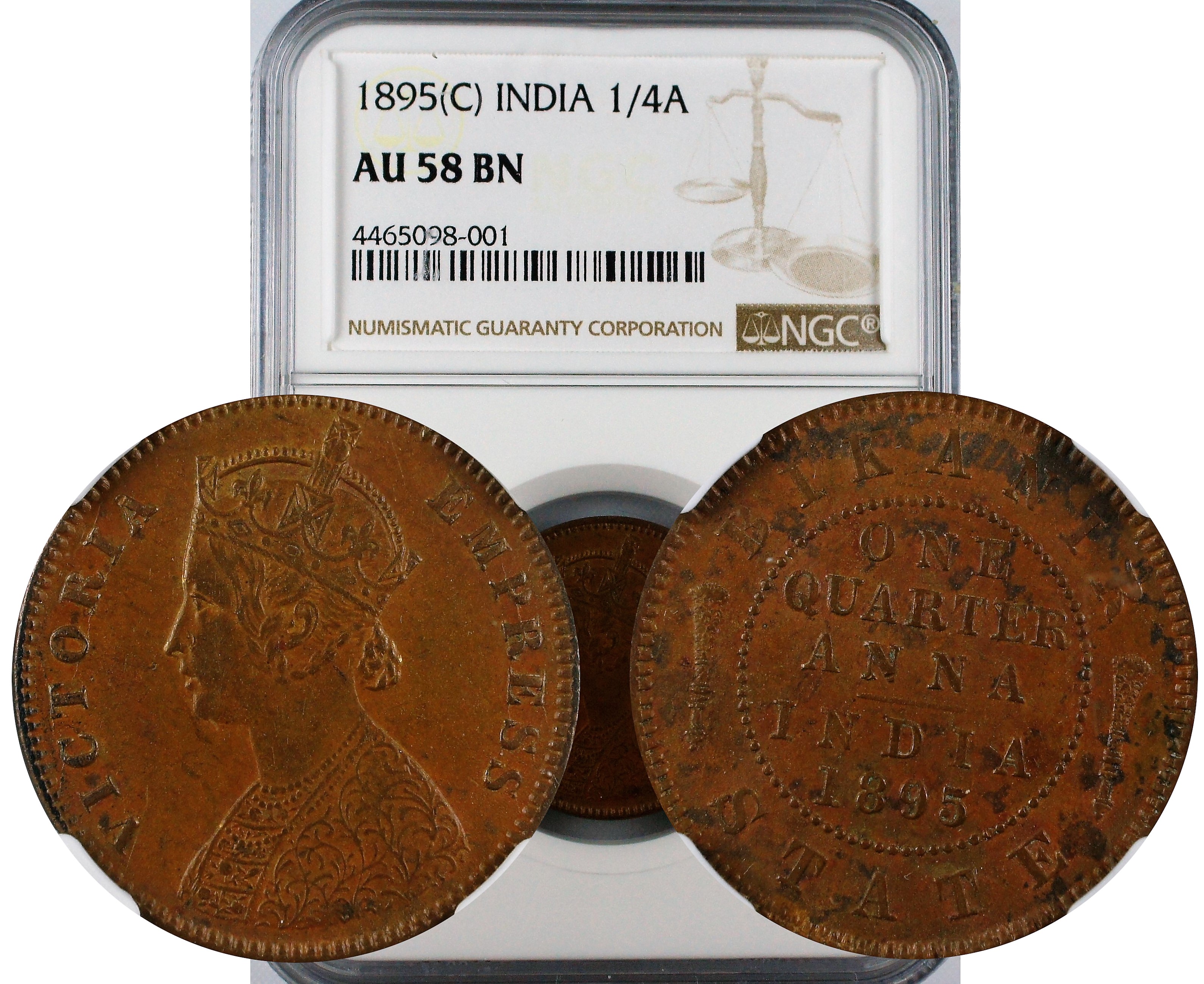 India Bikanir 1895 C 1/4 Anna NGC AU58 BN