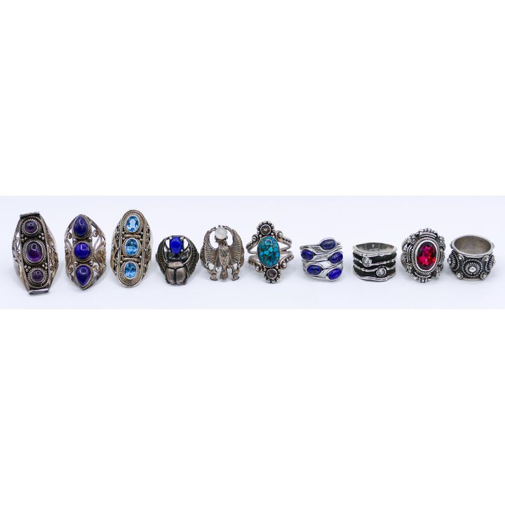 Box 10pc Large Sterling & Stone Rings - 95 Grams TW