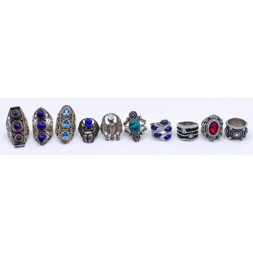 Box 10pc Large Sterling & Stone Rings - 95 Grams TW