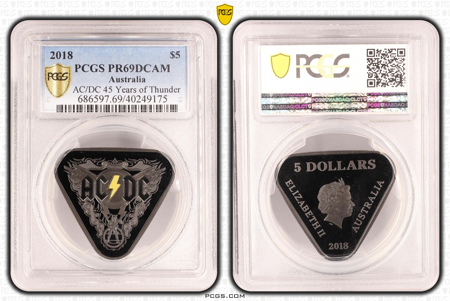 AC/DC 45 Years of Thunder , Five Dollar, 2018, PCGS PR69DCAM