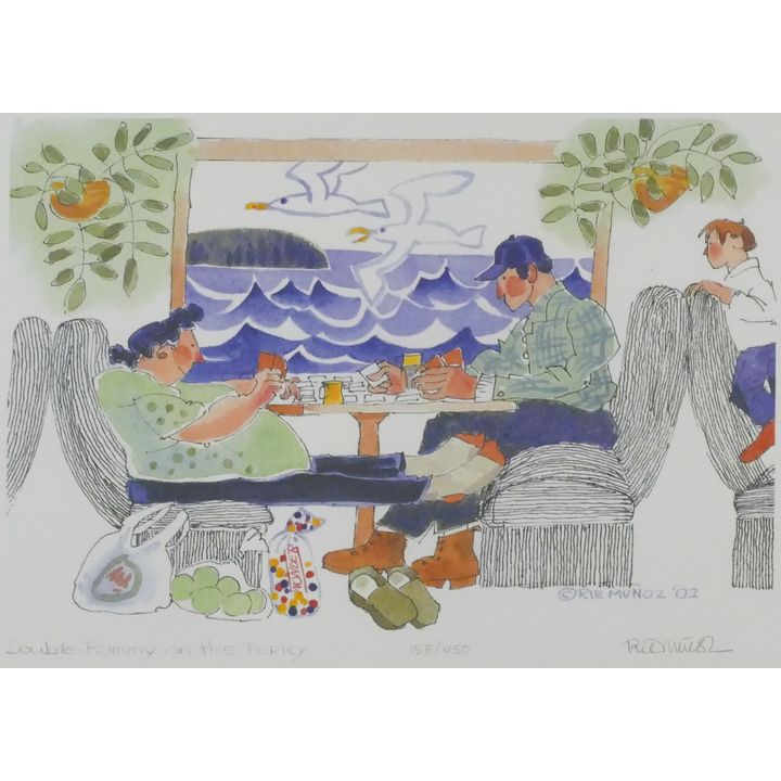 Rie Munoz "Double Rummy on the Ferry" 2002 Signed Print 9.5" x 12" Sheet.