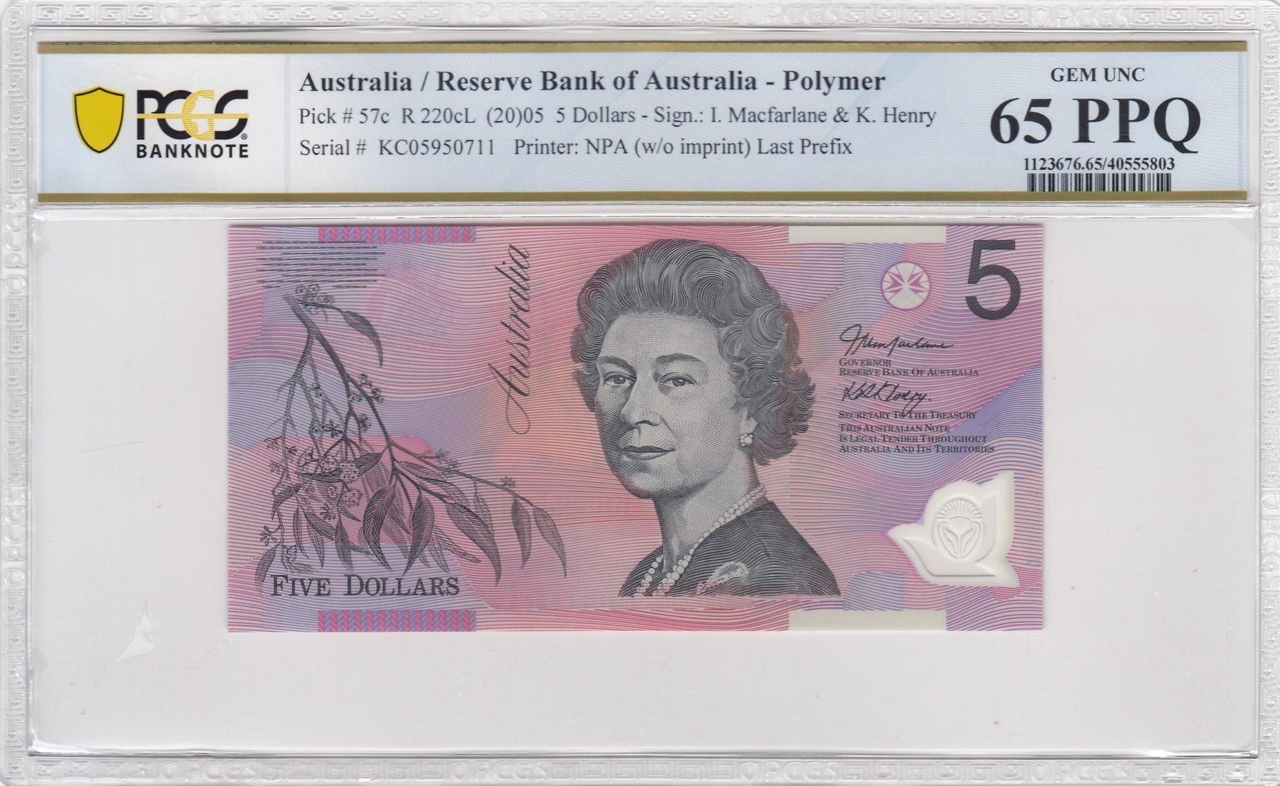 Macfarlane/Henry, Last Prefix, Five Dollars, 2005, PCGS Gem UNC 65 PPQ