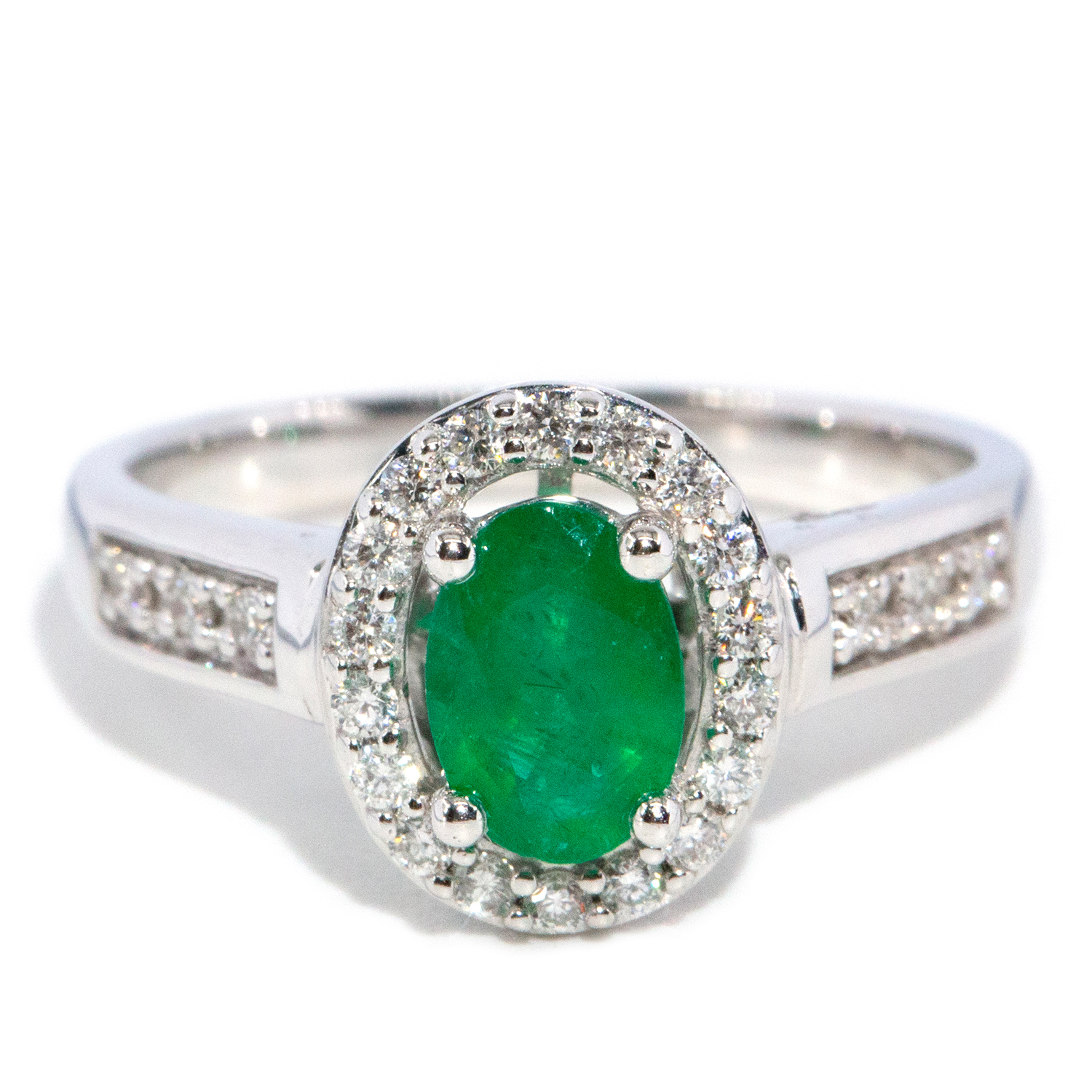 Emerald & Diamond Halo Ring in 18ct White Gold