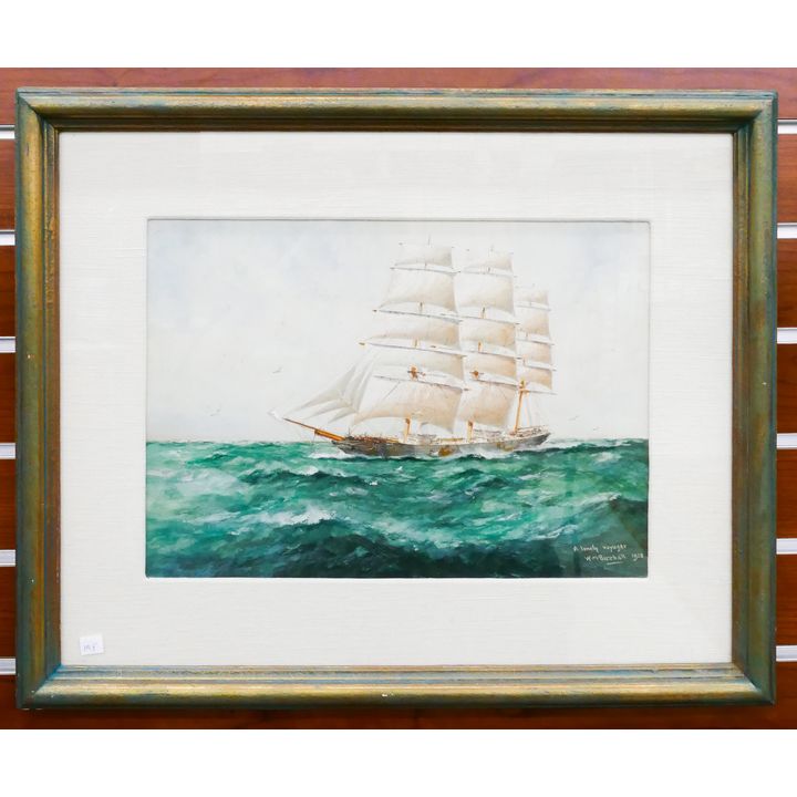 W.M. Birchall 'A Lonely Voyager' 1928 Schooner Ship Watercolor Framed- 17x21''