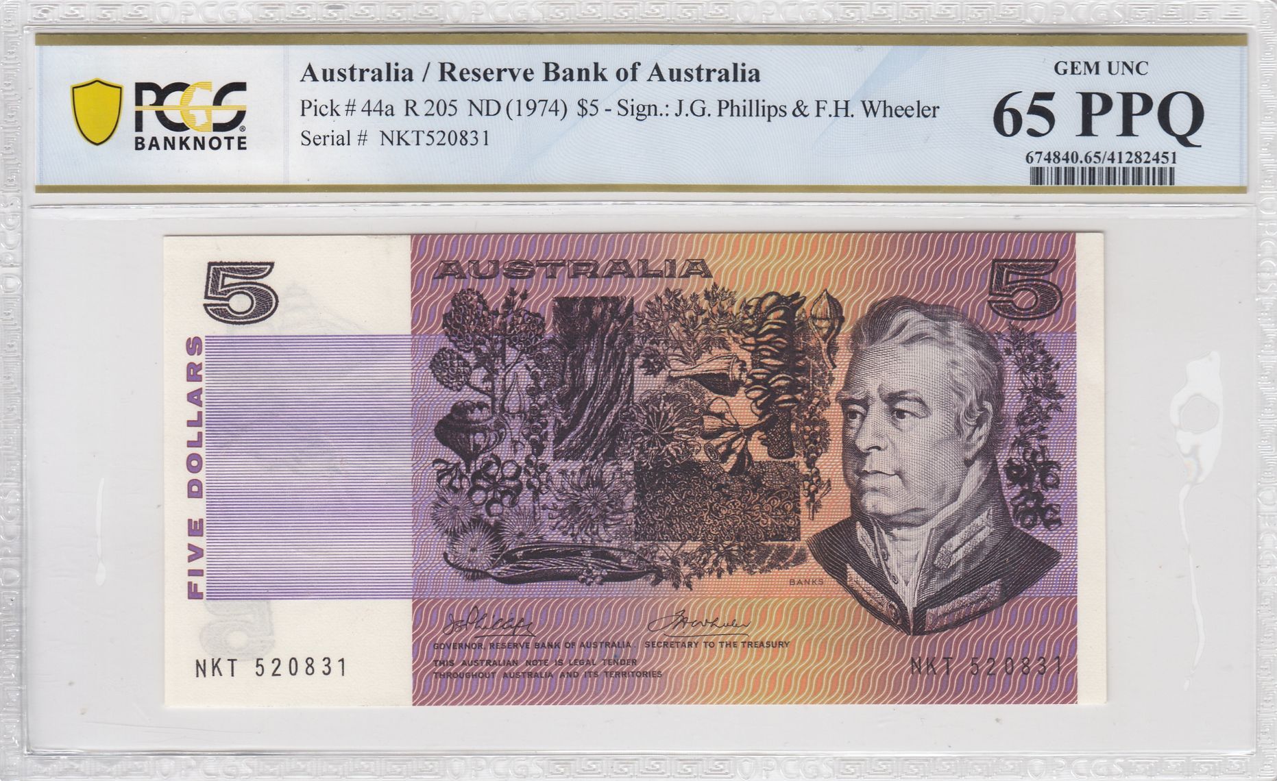 1974 Australia $5 Banknote Phillips/Wheeler Gem UNC 65 PPQ PCGS