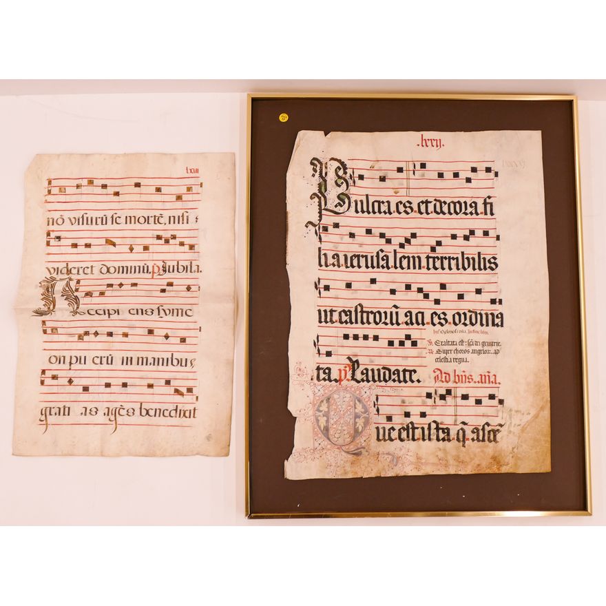 2pc Italian 17th Century Antiphonal Pages- one framed- 35x28''