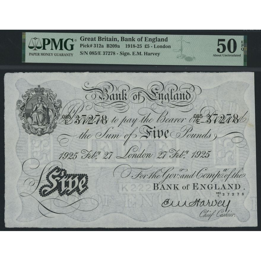 Bank of England, E. M. Harvey, £5, London, 27th February 1925, serial ...