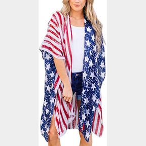 HAPPY GOGO ASKWIND 4TH OF JULY WOMEN'S AMERICAN FLAG PRINT KIMONO COVER UP TOPS SHIRT