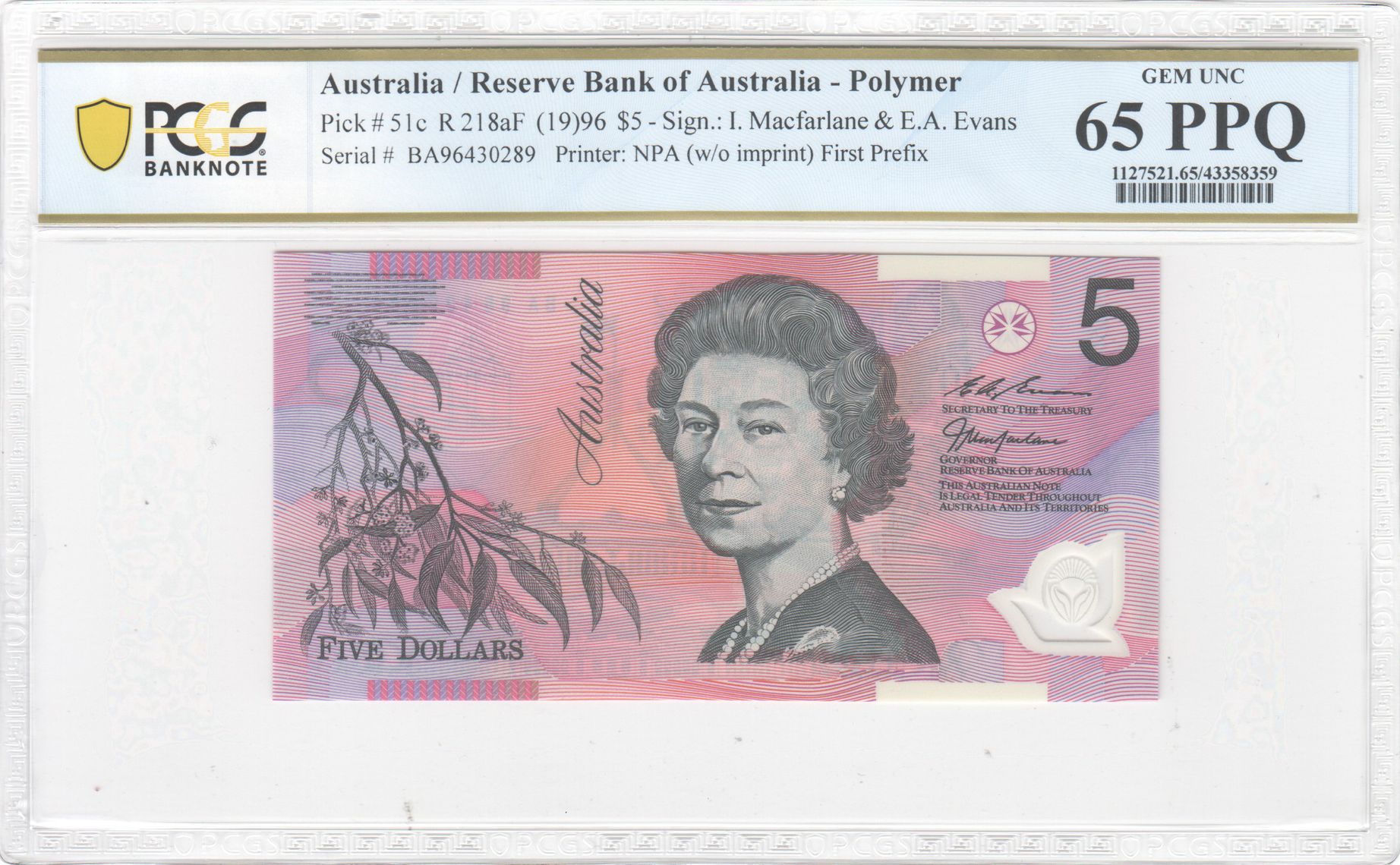1996 $5 Macfarlane/Evans Gem Unc 65 PPQ First Prefix