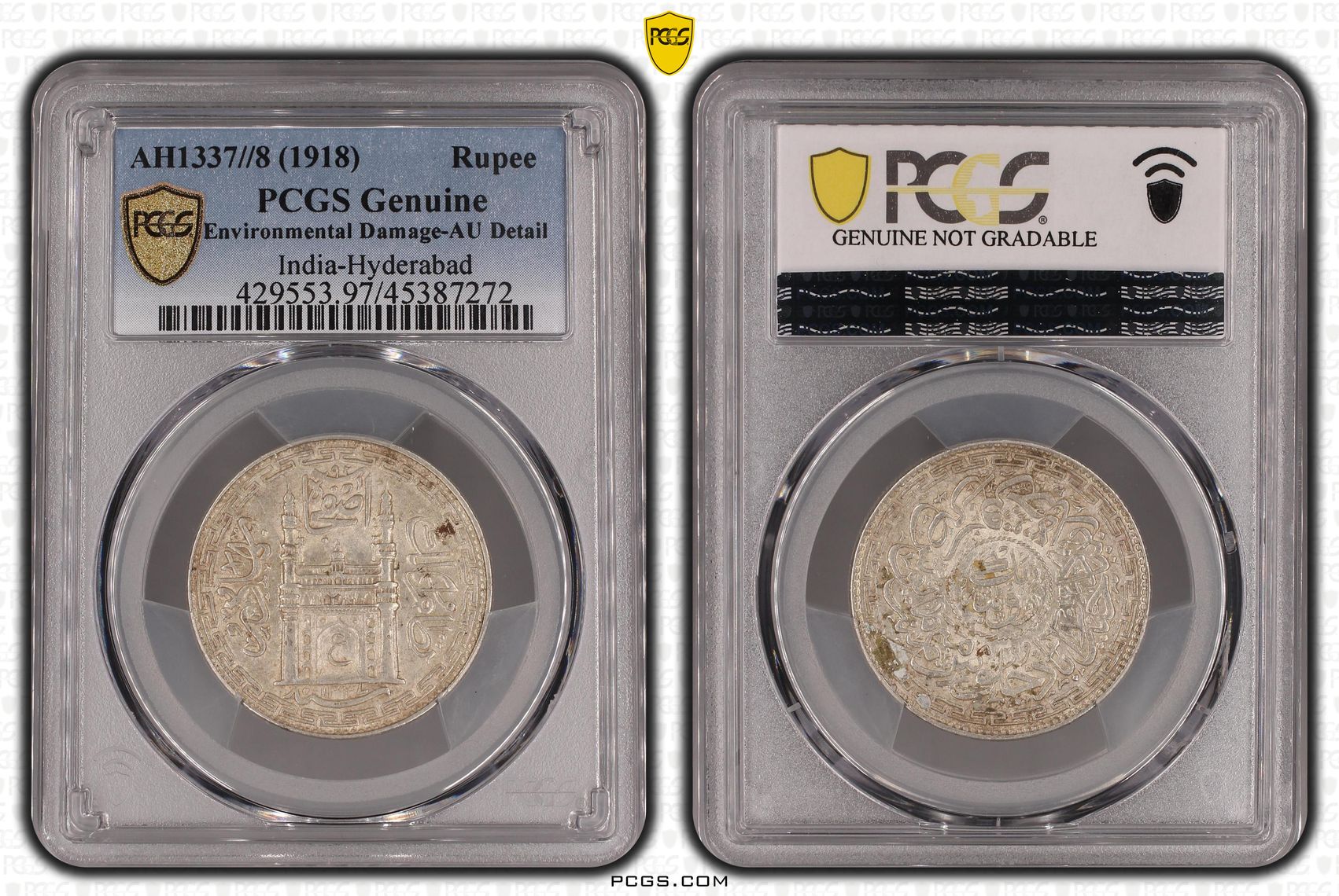 India-Hyderabad, KM-53a, Rupee, AH1337//8, PCGS Genuine - AU Details (97 - Environmental Damage)