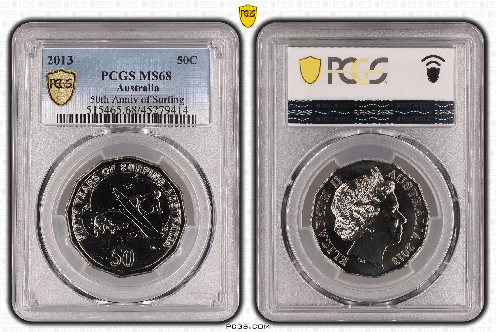 2013 Australia Fifty Cent, 50c 50th Anniv of Surfing PCGS - MS68 -414