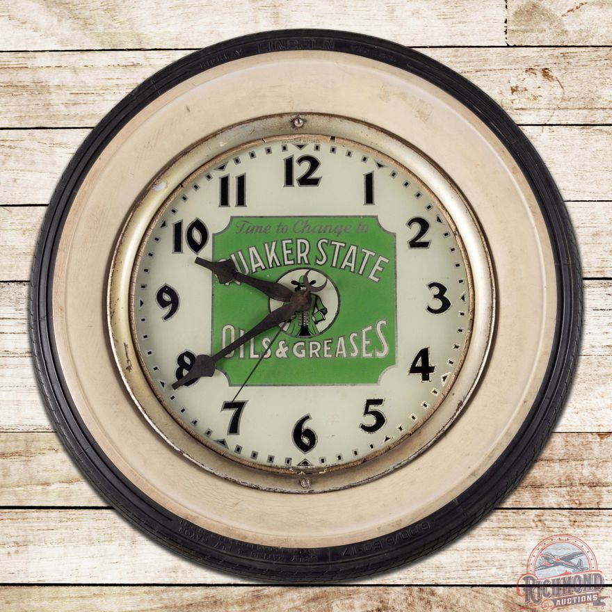 Early Quaker State Oils & Greases Advertising Clock w/ Tire & William Penn