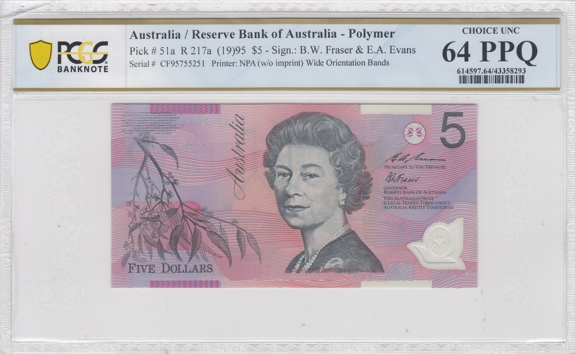 1995 $5 Fraser/Evans Choice Unc 64 PPQ