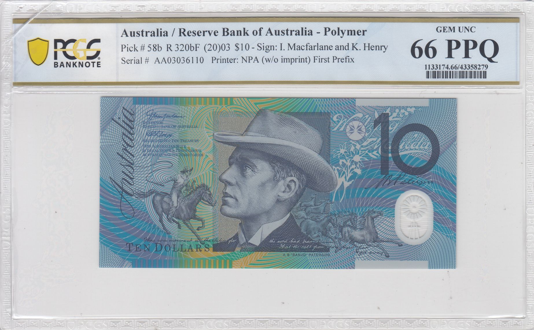 2003 $10 Macfarlane/Henry Gem Unc 66 PPQ First Prefix