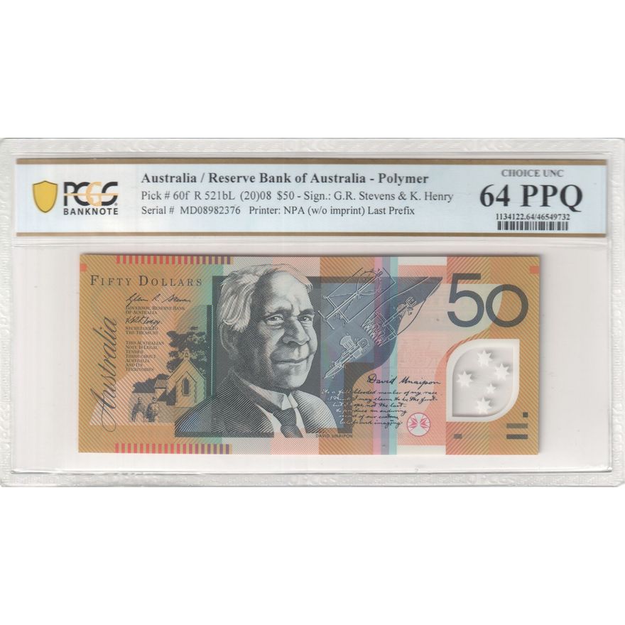 Stevens/Henry, Last Prefix, Fifty Dollar, 2008, PCGS Choice UNC 64 PPQ