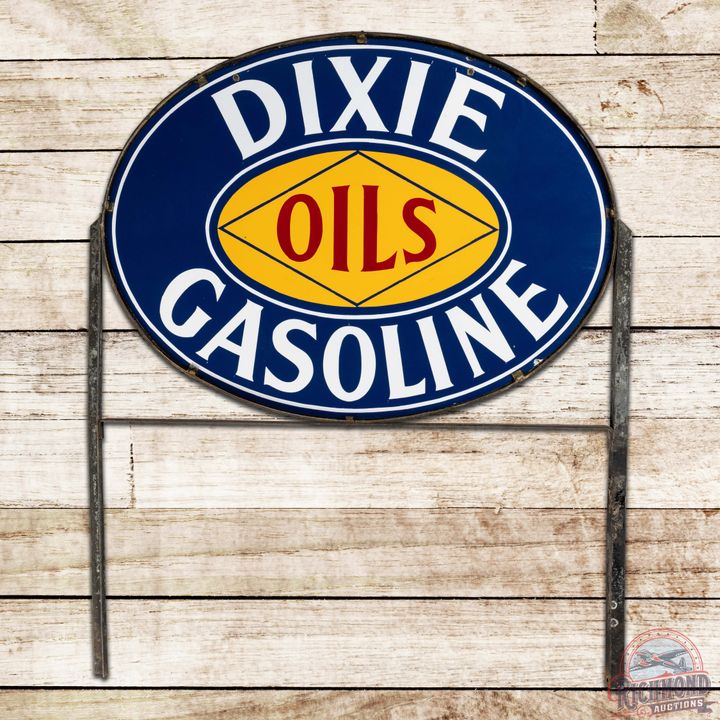 Rare Dixie Oils Gasoline Double Sided Porcelain Sign w/ Frame