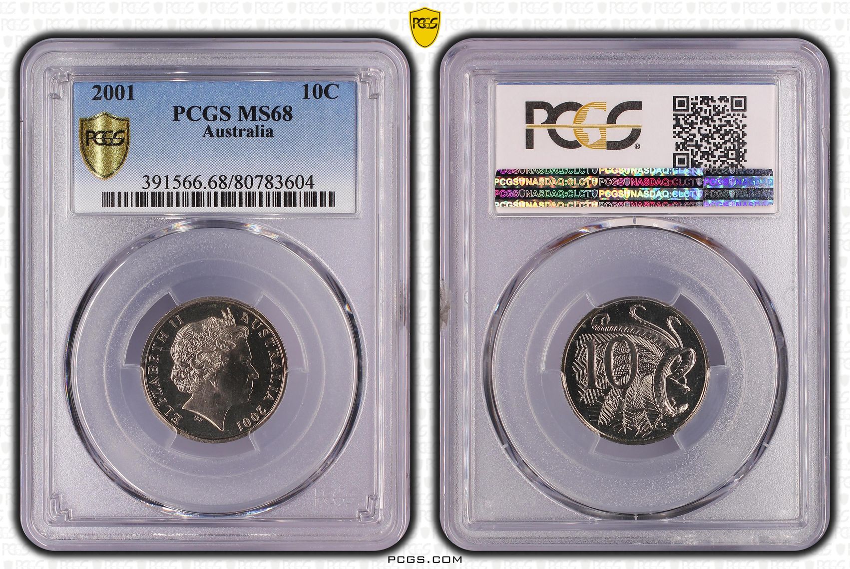 Elizabeth II, Large Head, Ten Cent, 2001, PCGS MS68