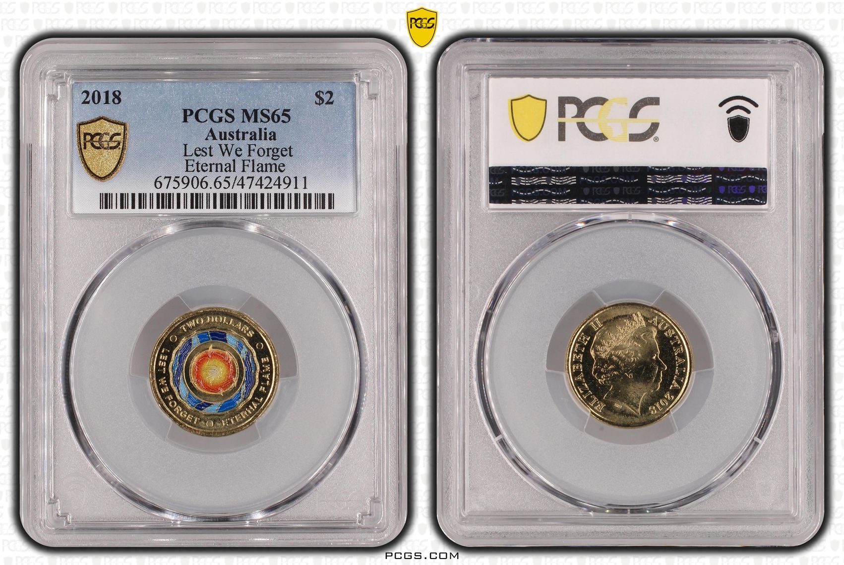 Elizabeth II, Lest We Forget - Eternal Flame Colorized, Two Dollar, 2018, PCGS MS65