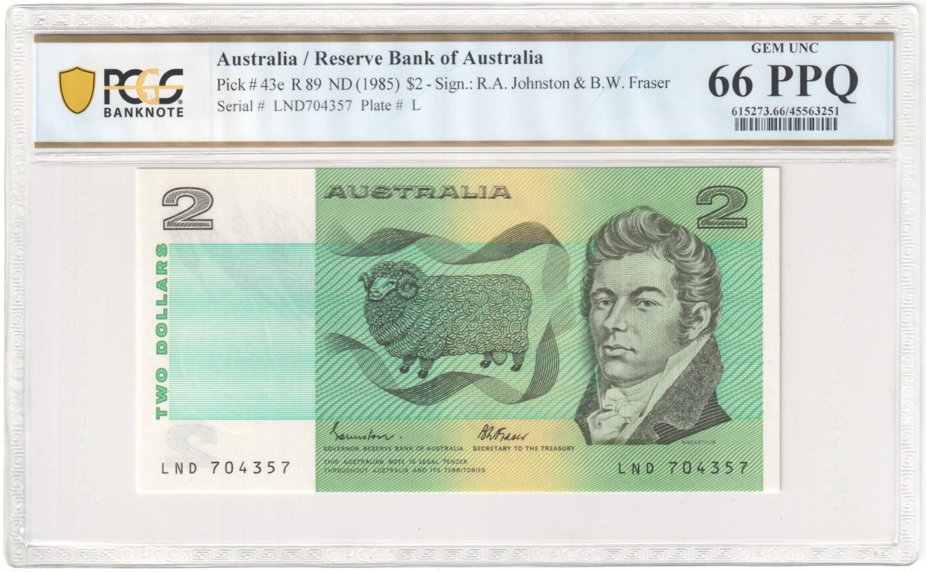 93 · R. 89, Reserve Bank of Australia, Sign.: R.A. Johnston & B.W. Fraser, Two Dollar, ND (1985), PCGS - Gem UNC 66 PPQ