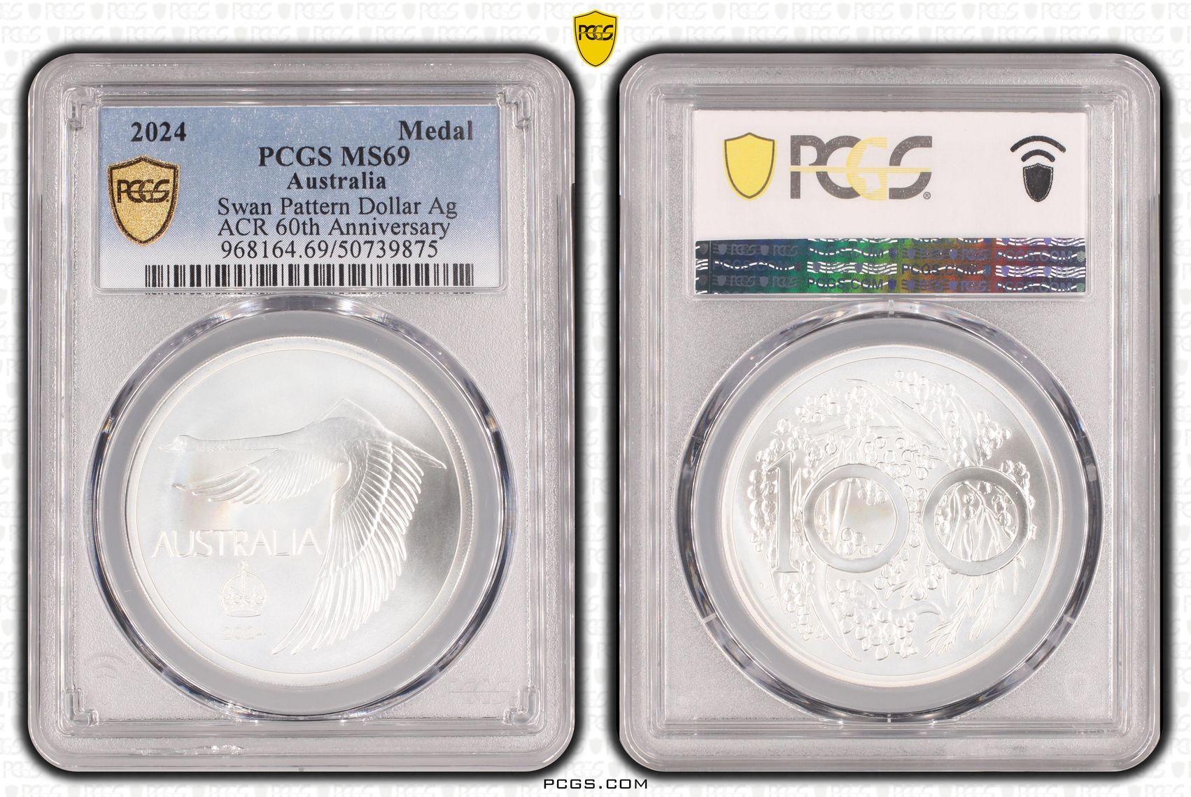 Swan "Pattern Dollar" Ag ACR 60th Anniversary, Medal, 2024, PCGS MS69