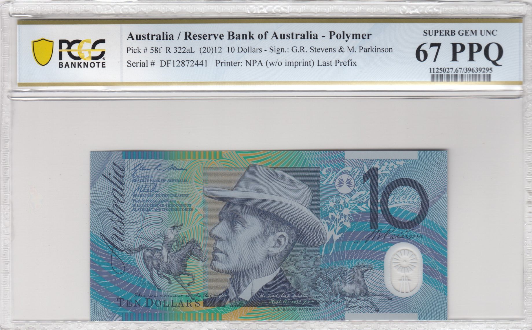 Stevens/ Parkinson, Last Prefix, Ten Dollar, 2012, PCGS Superb Gem UNC 67 PPQ