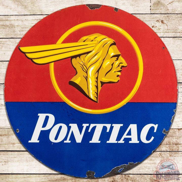 Scarce Pontiac Automobiles 36" SS Porcelain Sign w/ Golden Full Feather Logo